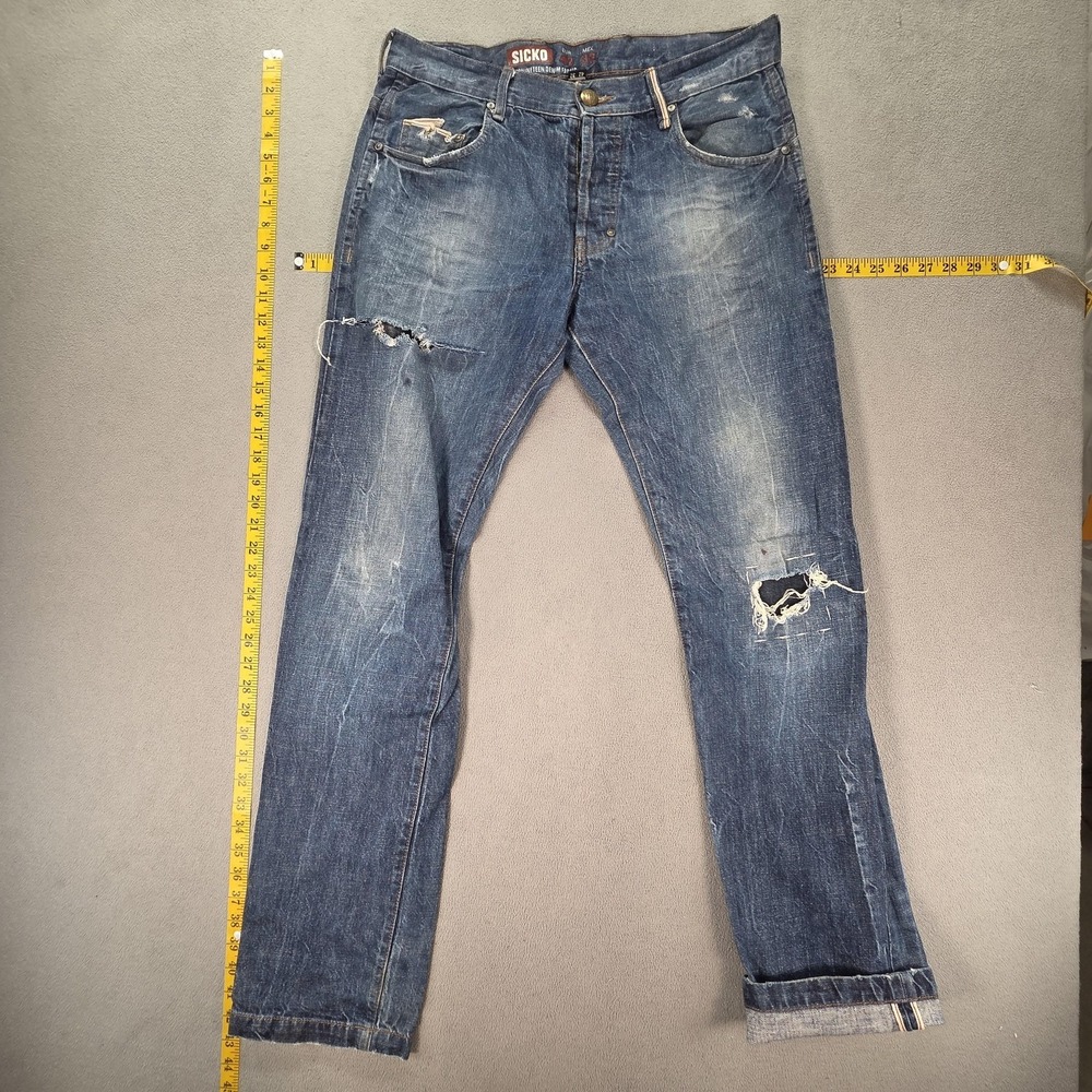 Sicko Jeans Mens Selvedge Blue Med Wash Straight Thrashed Destroyed Fits‎ 32x33
